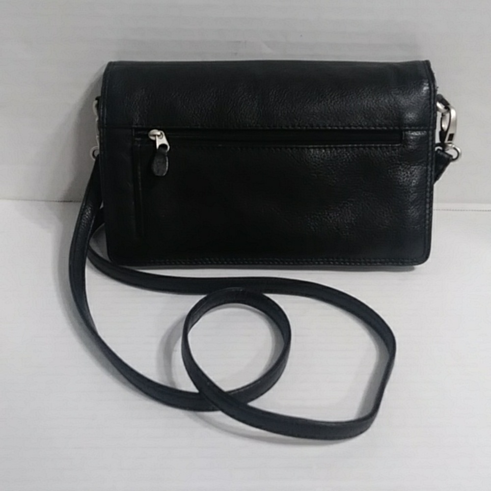 Women's Black Leather Wristlet Clutch with Crossbody Strap - Picture 4 of 8